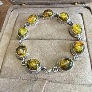 Handmade sterling green yellow amber stone bracelet signed v-8